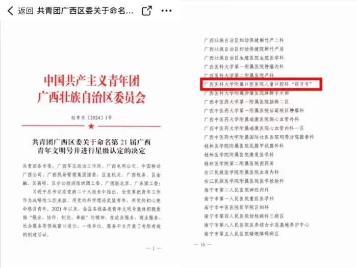 喜报！公司儿童口腔科“萌牙号”获批“广西青年文明号” 第 1 张